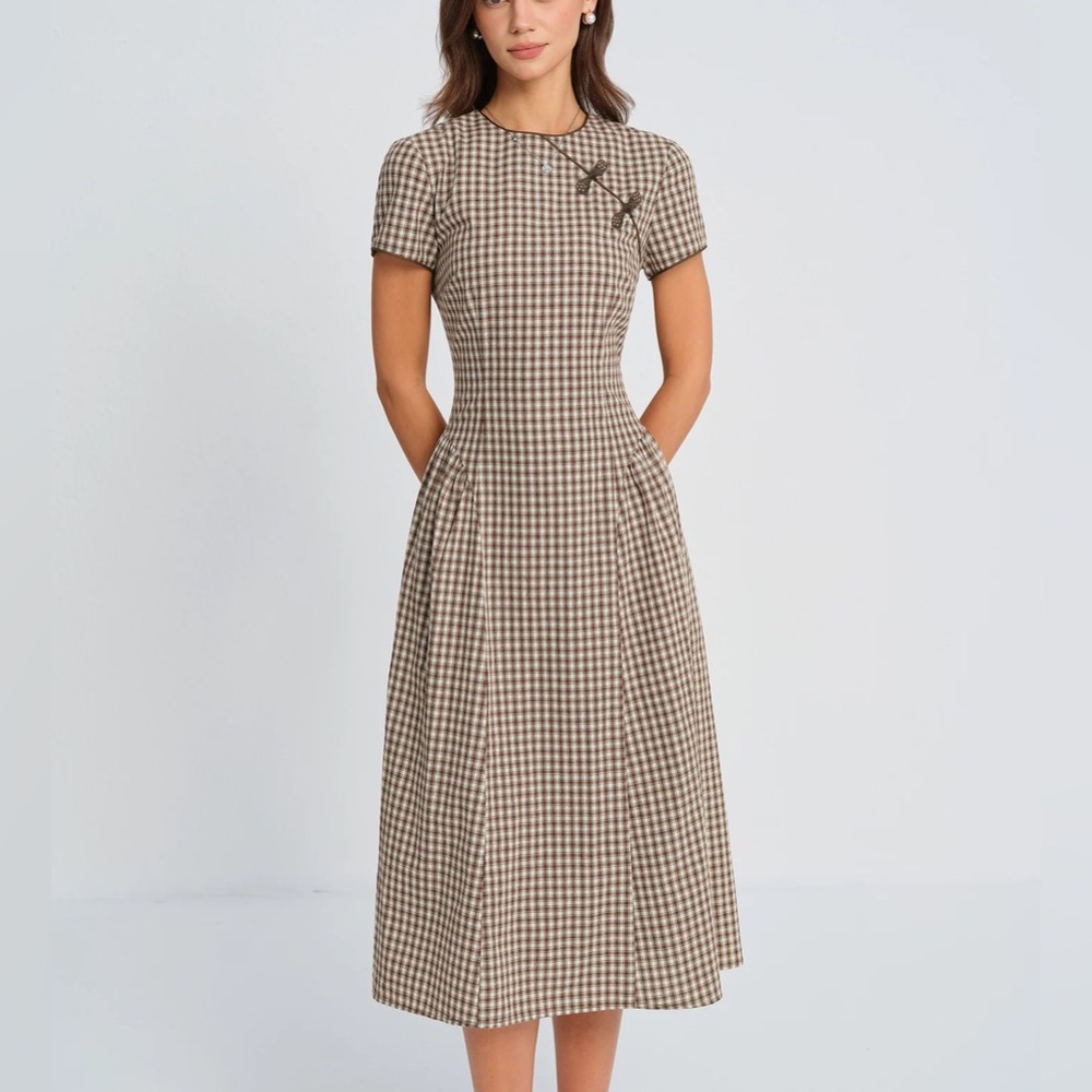 RIHOAS Brown and Cream Gingham Midi Dress